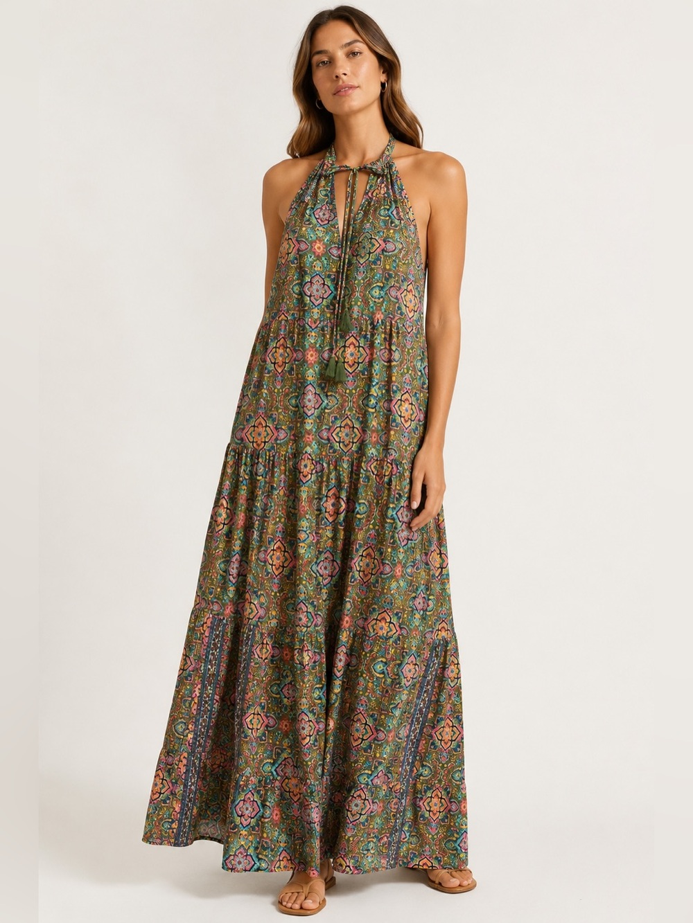 Paani Boho Halter Maxi Dress Green Paisley Tassel Tie Tiered Size L